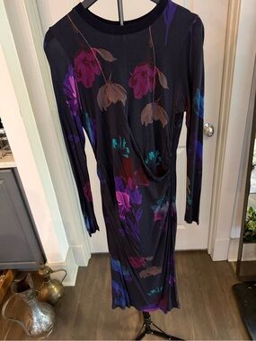 Boss Black Long-Sleeve Floral Midi Dress with Purple & Teal Accents